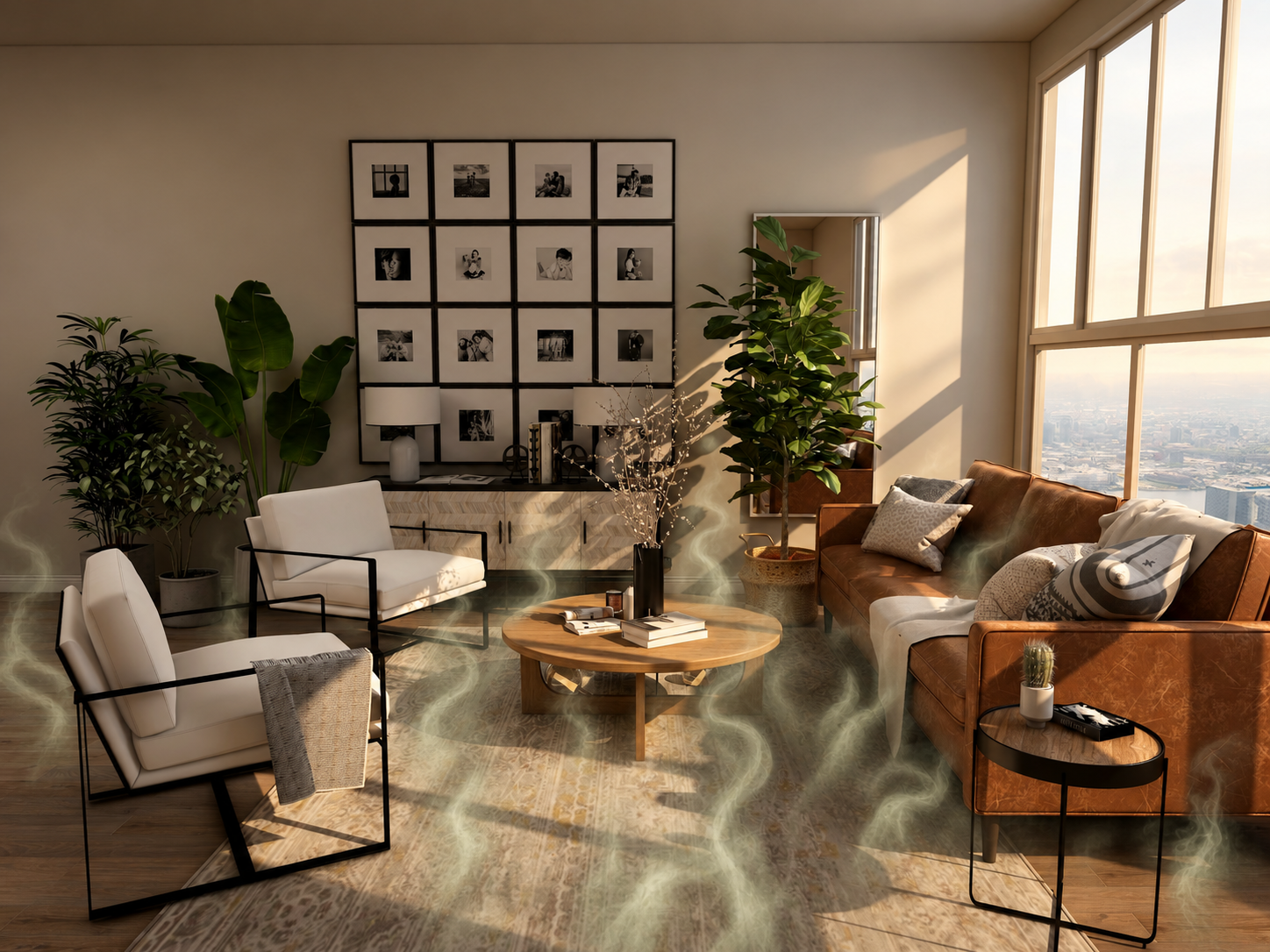 Living room with stylized vapor wisps rising from the floor, a conceptual illustration of invisible radon